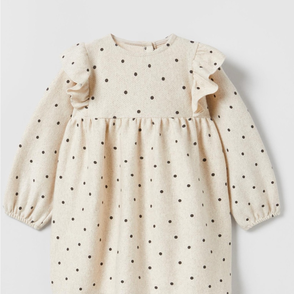 Zara Kids Cream Polka Dot Long Sleeve Dress for Girls/Toddler